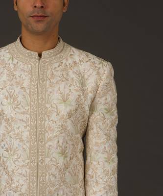 Ivory Silk Embroidered Sherwani 4