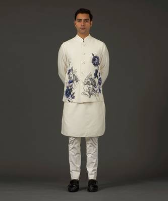 Ivory Printed Nehru Jacket 1