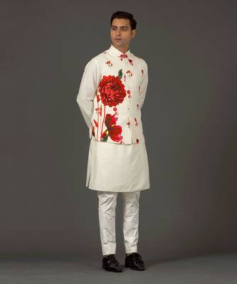 Ivory Floral Printed Nehru Jacket 1
