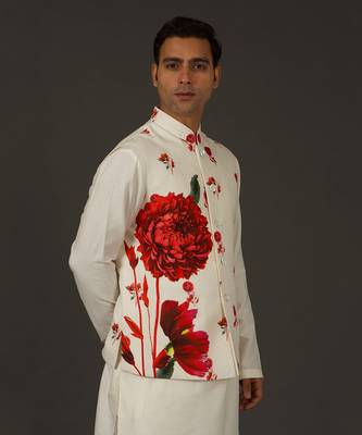 Ivory Floral Printed Nehru Jacket 2