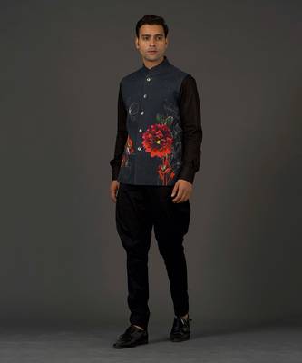 Black Floral Printed Nehru Jacket 1