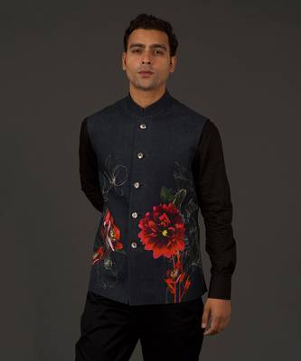Black Floral Printed Nehru Jacket 2