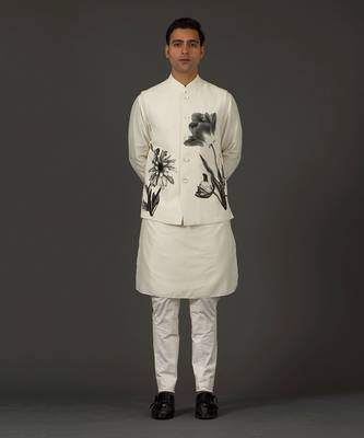 Ivory Floral Printed Nehru Jacket 1