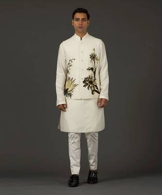 Ivory Floral Printed Nehru Jacket 1