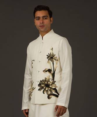 Ivory Floral Printed Nehru Jacket 2