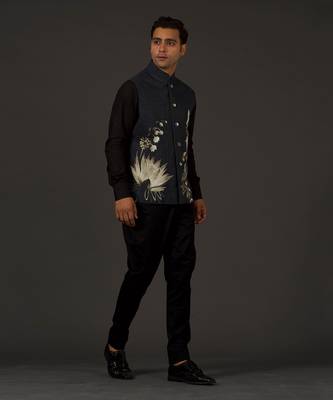 Black Printed Nehru Jacket 1