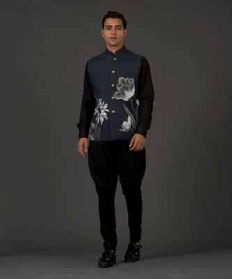 Black Floral Printed Nehru Jacket 1