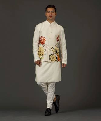 Ivory Printed Nehru Jacket 1