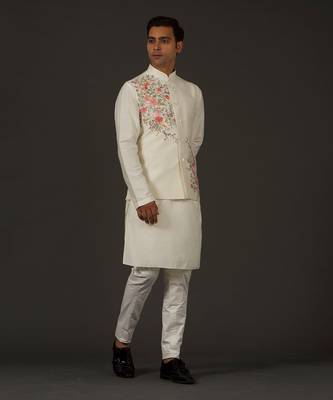 Ivory Floral Embrodered Nehru Jacket 1