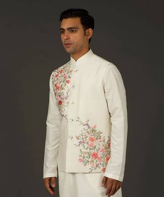Ivory Floral Embrodered Nehru Jacket 2