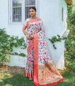 White woven Banarasi silk blend saree with blouse