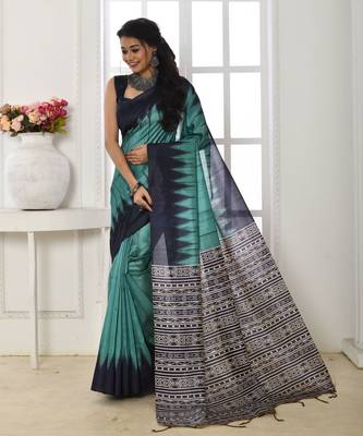 Aqua blue printed tussar silk saree with blouse 1
