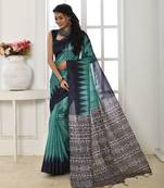 Aqua blue printed tussar silk saree with blouse