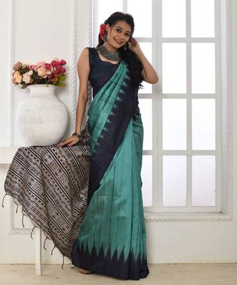 Aqua blue printed tussar silk saree with blouse 2