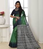 Green printed tussar silk saree with blouse