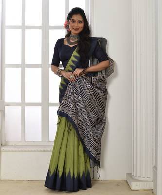Olive printed tussar silk saree with blouse 2