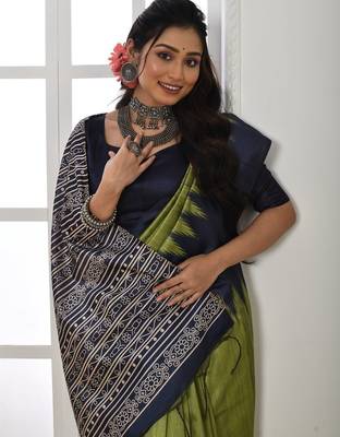 Olive printed tussar silk saree with blouse 3