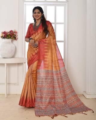 Mustard printed tussar silk saree with blouse 1