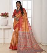 Mustard printed tussar silk saree with blouse