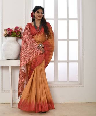 Mustard printed tussar silk saree with blouse 2