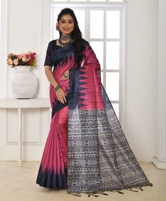 Pink printed tussar silk saree with blouse 1