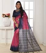 Pink printed tussar silk saree with blouse