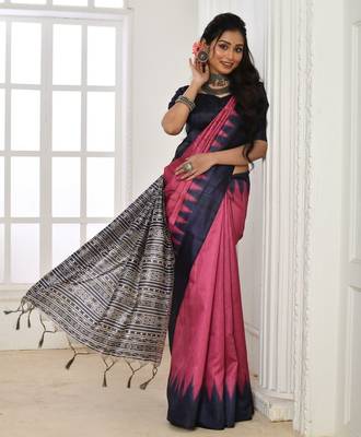 Pink printed tussar silk saree with blouse 2