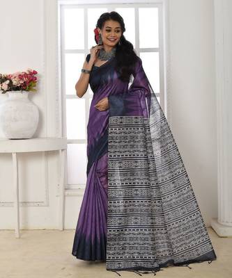 Purple printed tussar silk saree with blouse 1