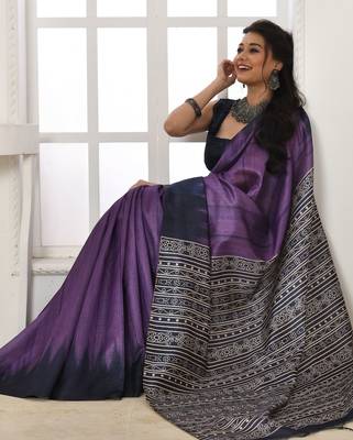 Purple printed tussar silk saree with blouse 2
