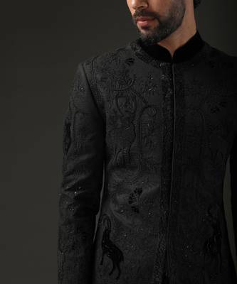 Black Applique Work Sherwani 4