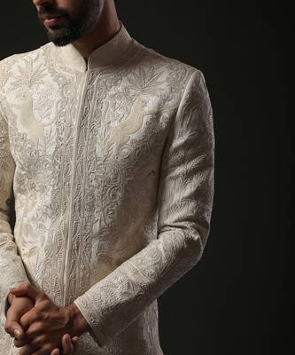 Ivory Monochrome Embroidered Sherwani 3