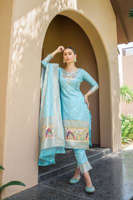 Sky-blue zari woven banarasi silk salwar 1