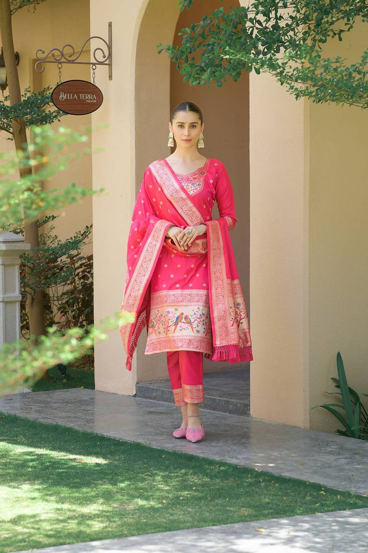 Coral zari woven banarasi silk salwar