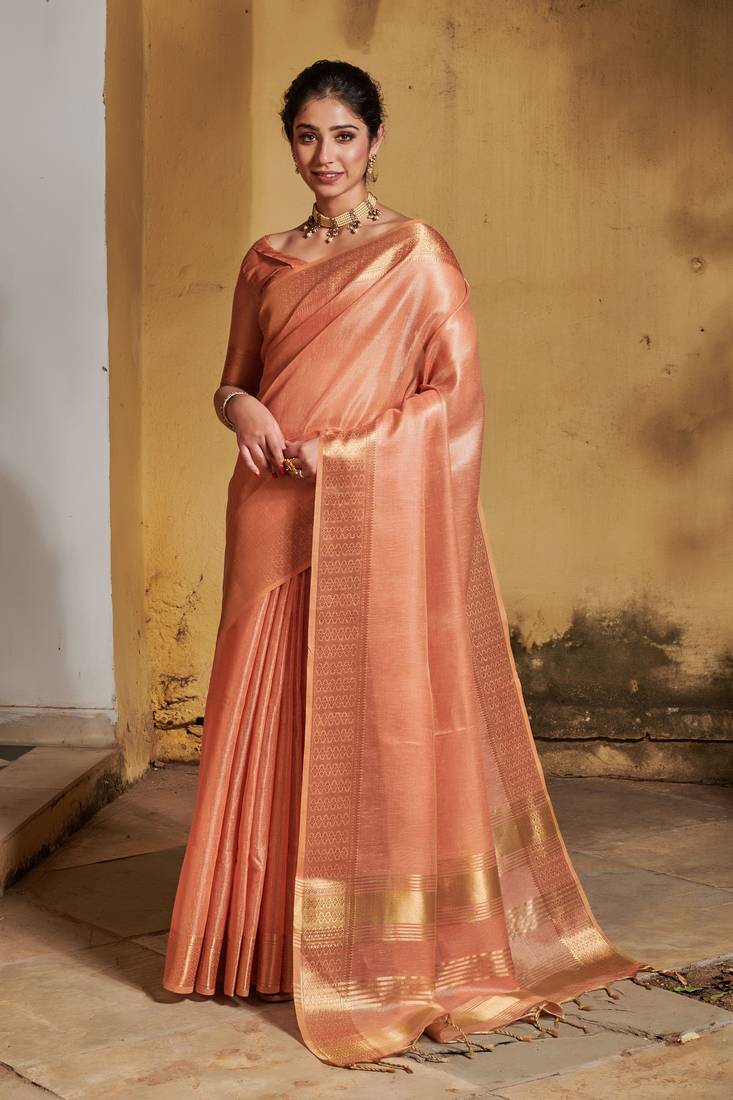 Traditional Maheshwar Silk Peach Colour Ethnic Saree
