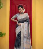 Black Colour Woven Jari Border Designer Saree With Warli Print