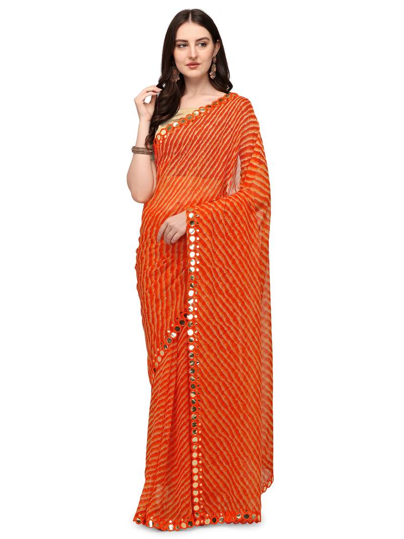 Orange Colour Traditional Leheriya Print Saree With Mirror Work Border