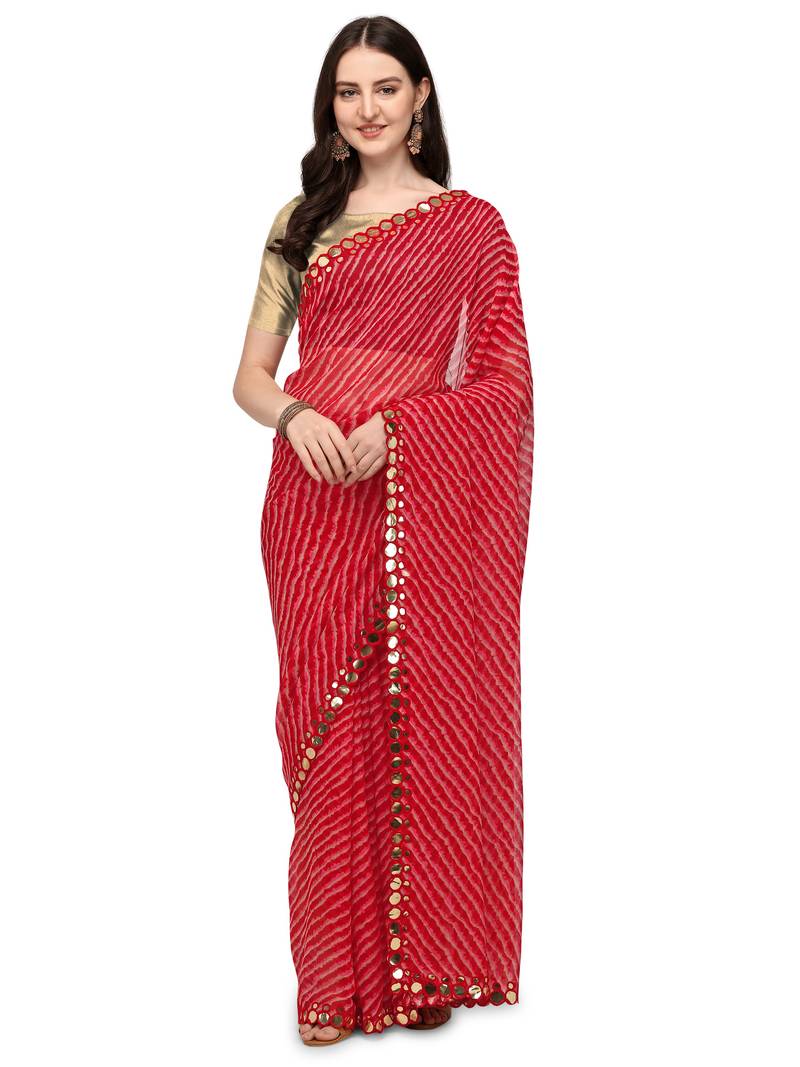 Red Colour Traditional Leheriya Print Saree With Mirror Work Border
