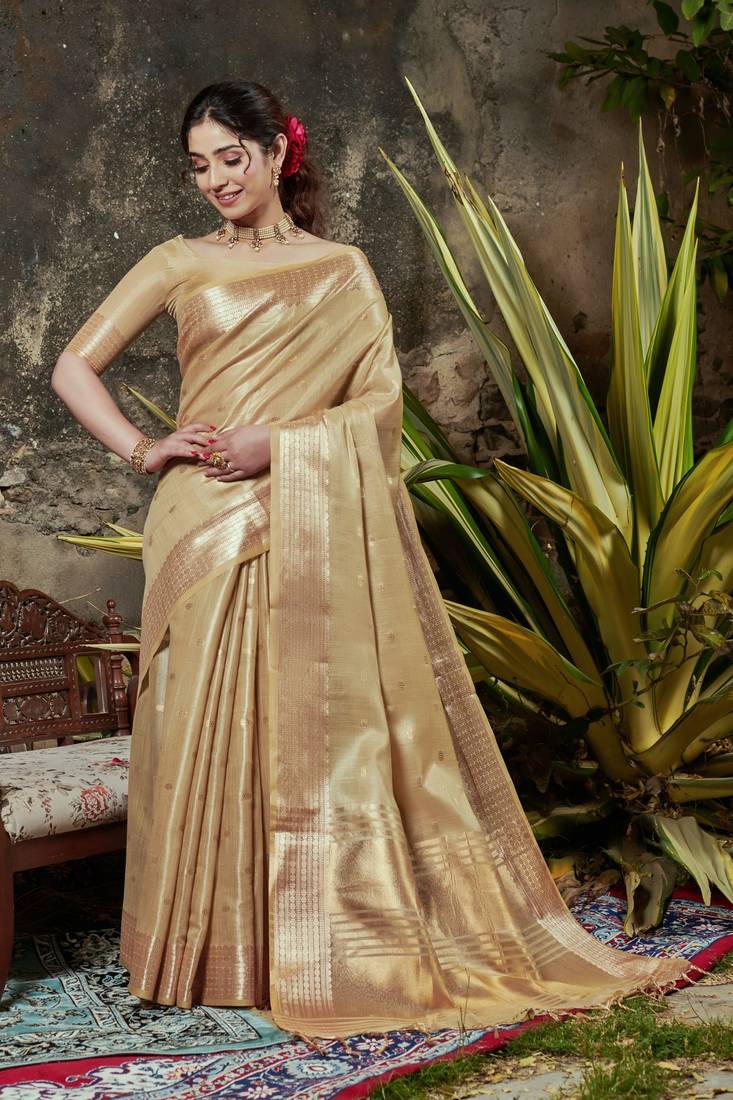 Yellow Colour Maheshwari Tissue Silk Fabric Traditioanl Saree With Woven work