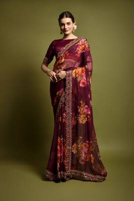 Wine Flower Print And Cut Work Saree With Sequance Embroidery Work 1