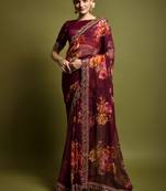 Wine Flower Print And Cut Work Saree With Sequance Embroidery Work