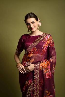 Wine Flower Print And Cut Work Saree With Sequance Embroidery Work 2