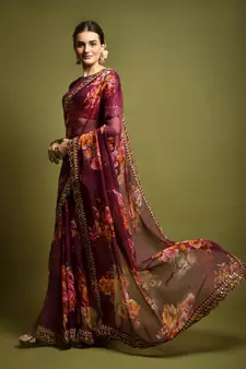 Wine Flower Print And Cut Work Saree With Sequin Embroidery Work