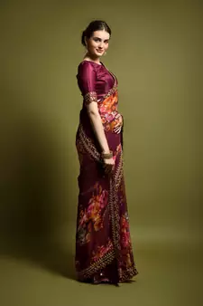 Wine Flower Print And Cut Work Saree With Sequin Embroidery Work