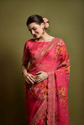 Pink Flower Print And Cut Work Saree With Sequin Embroidery Work 3