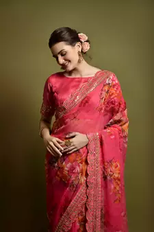 Pink Flower Print And Cut Work Saree With Sequin Embroidery Work