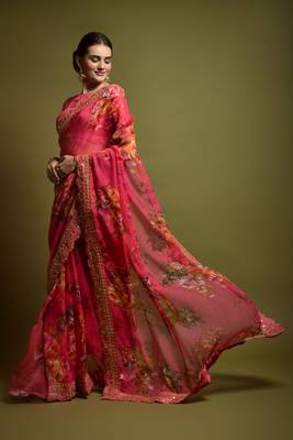 Pink Flower Print And Cut Work Saree With Sequin Embroidery Work 1
