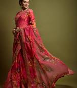 Pink Flower Print And Cut Work Saree With Sequin Embroidery Work