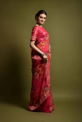 Pink Flower Print And Cut Work Saree With Sequin Embroidery Work 4