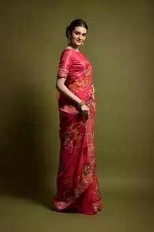 Pink Flower Print And Cut Work Saree With Sequin Embroidery Work