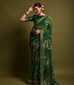 Green Flower Print And Cut Work Saree With Sequance Embroidery Work